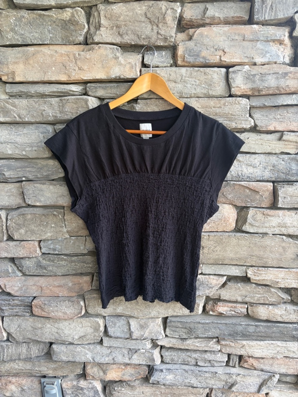 Anthropologie Maeve Cap Sleeve Smocked Tee Top Black Cotton
